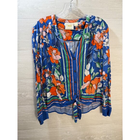Maeve By Anthropologie Floral Stripe Tie-Front Blouse Womens Size S 100% Rayon V - Picture 5 of 8